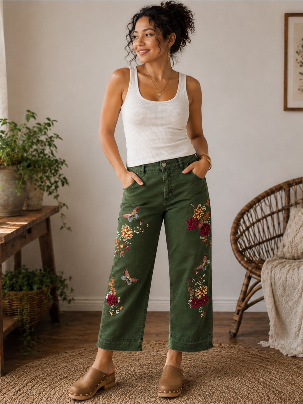 V Cristina Womens 16 Olive Green Floral Butterfly Embroidered Crop Pants Boho